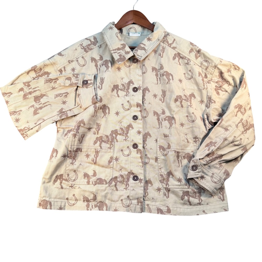 NewMe Womens Western Cowboy Print Cotton Twill Chore Jacket Tan Brown Large